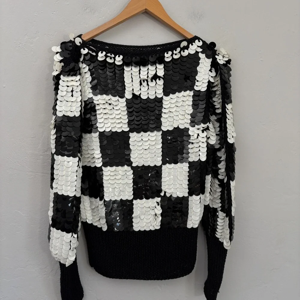 Vintage Sequin Sweater Women Size Small? Black White Checkered Hand Knit Wool - Picture 5 of 11